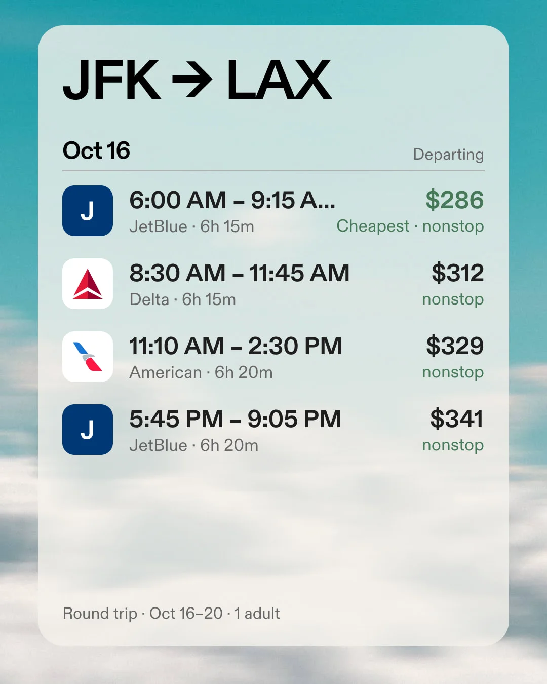 JFK to LAX departing options on October 16, all nonstop