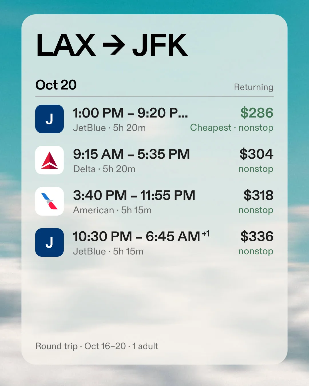 LAX to JFK return options on October 20, all nonstop