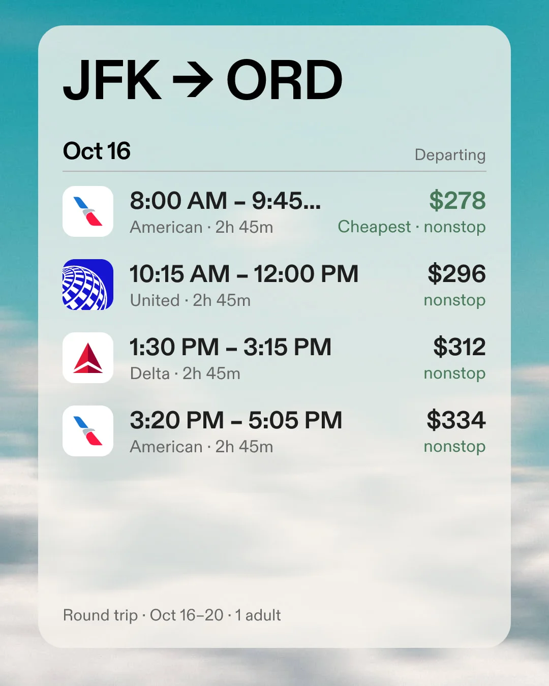 JFK to ORD departing options on October 16, all nonstop
