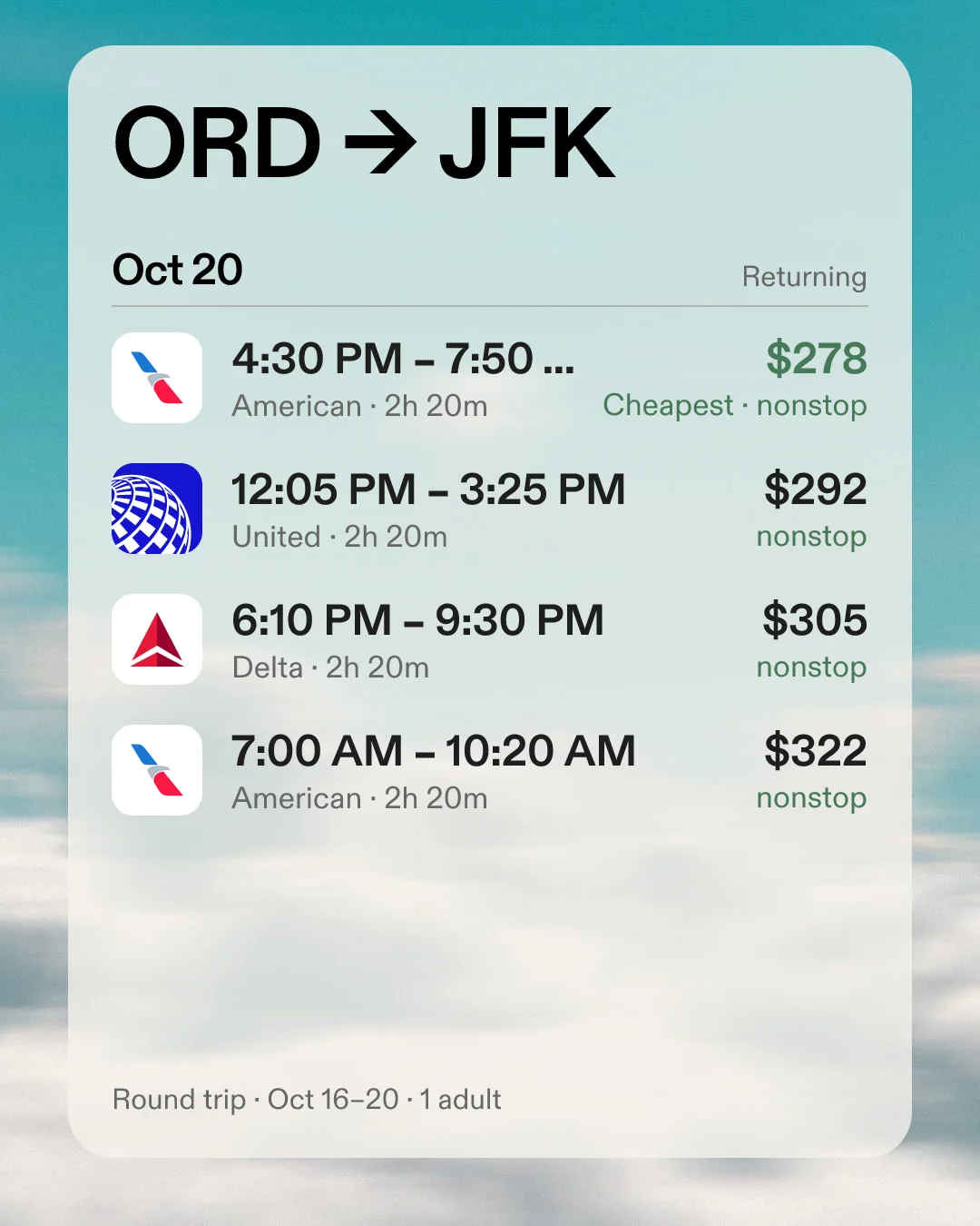 ORD to JFK return options on October 20, all nonstop